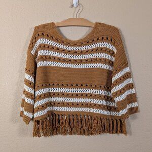 Lou & Grey for Loft Open Knit Crochet Sweater Striped Fringe Western M